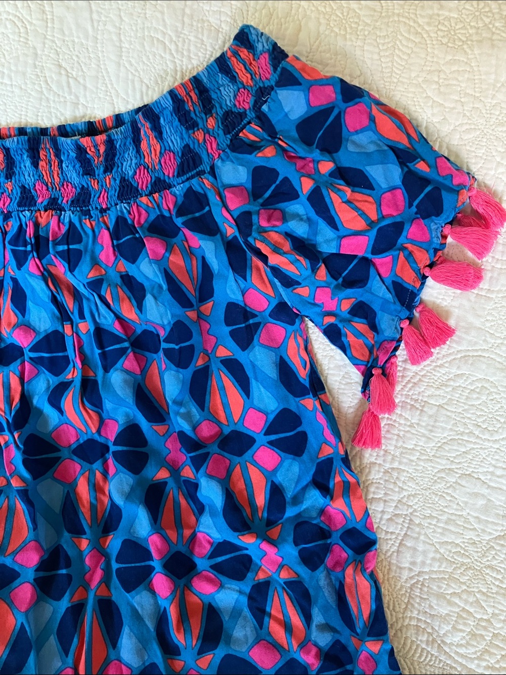 Escapada Blue Floral Off-Shoulder Swim Cover with Pink Tassels
